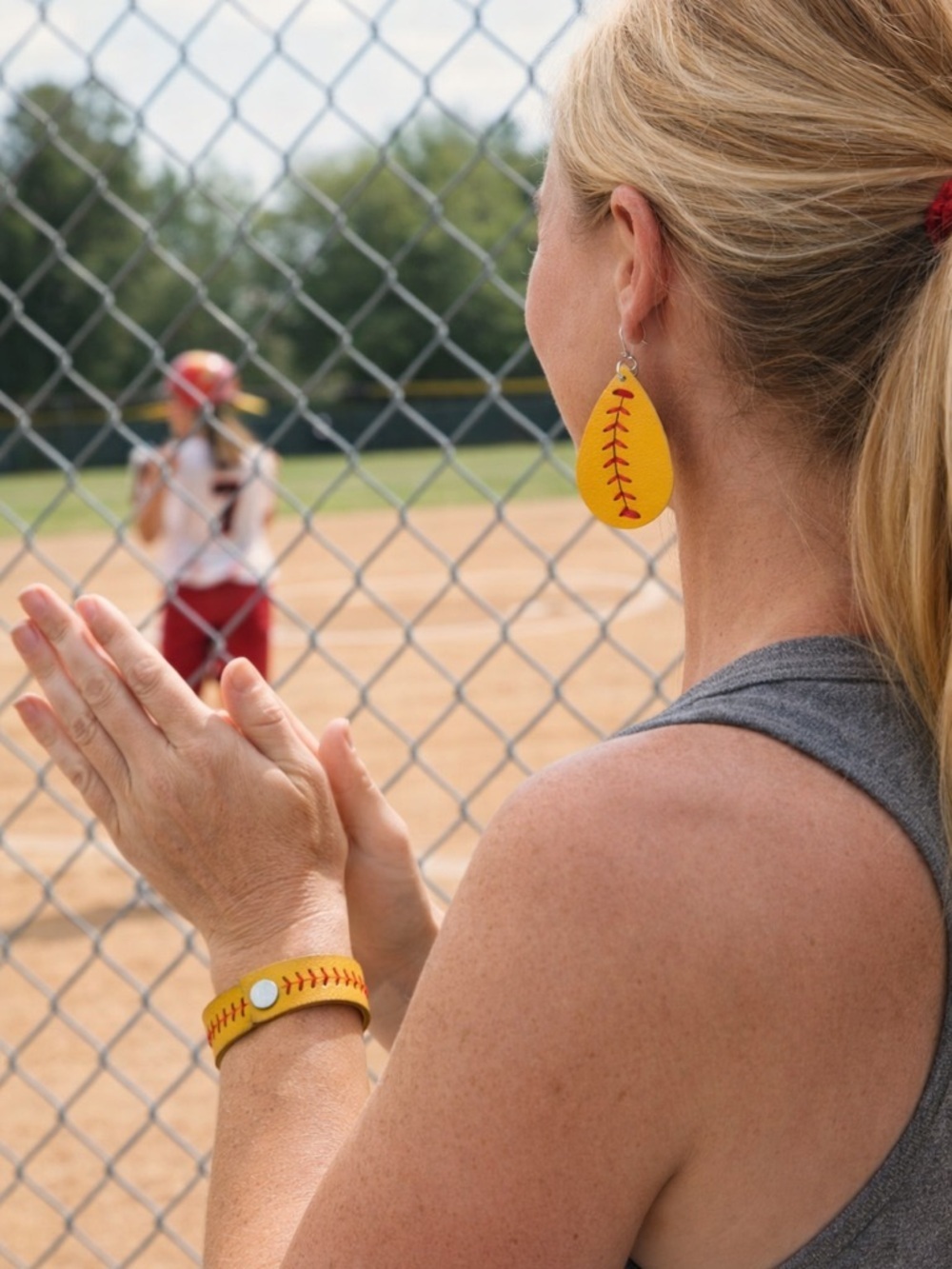 Softball Stitch Earrings & Bracelet Set Yellow Red Game Day Jewelry